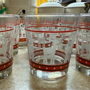 Vintage Libbey Glass Tumblers Festive Red&White Reindeer Deer Glasses Set of 9